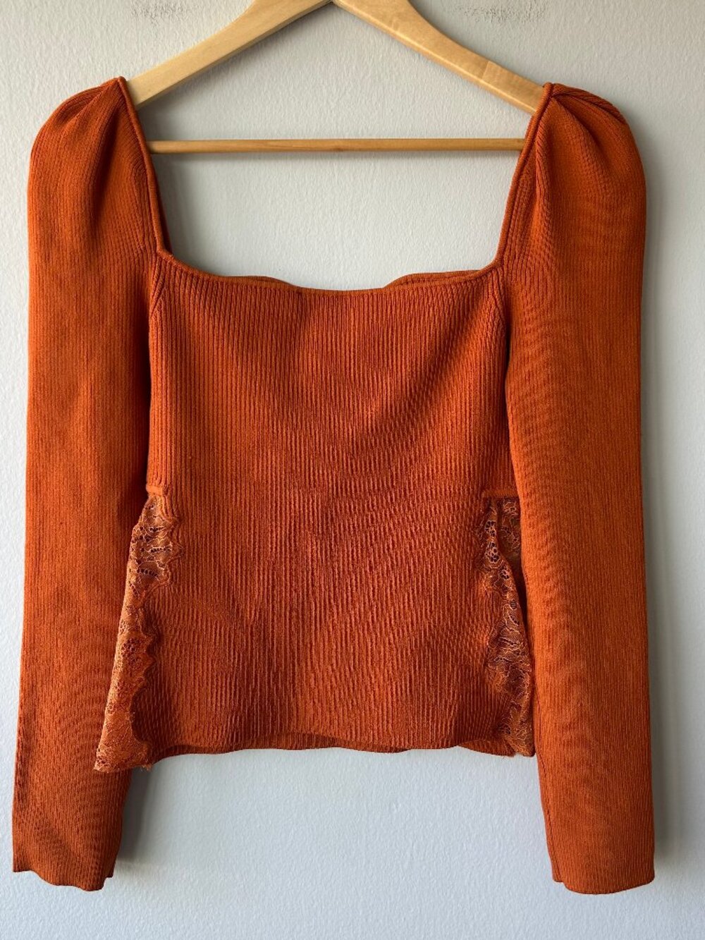 Self-Portrait Cinnamon Ribbed Knit Top Lace Panel Cutout Women Size L - Picture 6 of 12